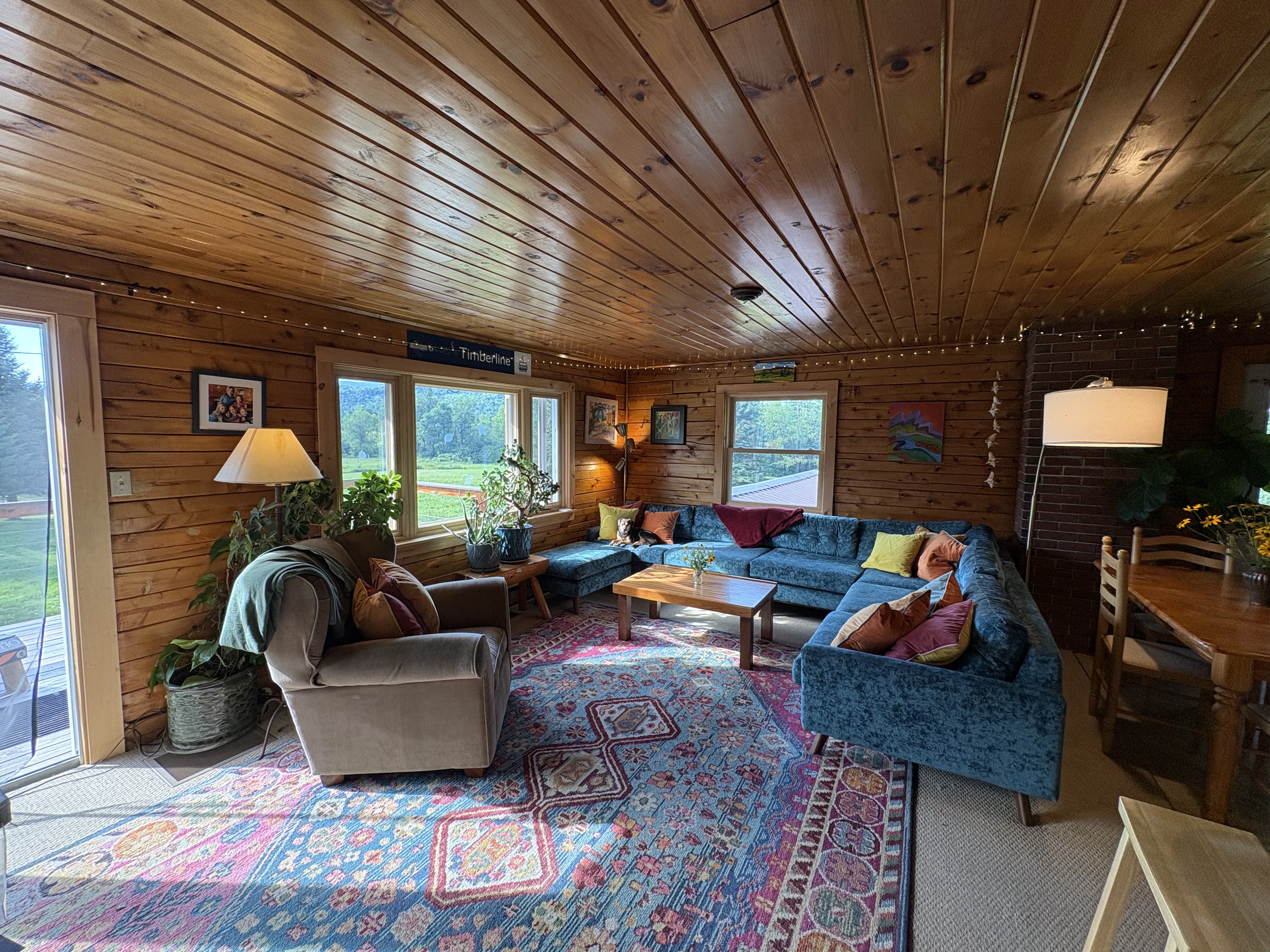 Living room with blue sectional sofa and wood ceiling